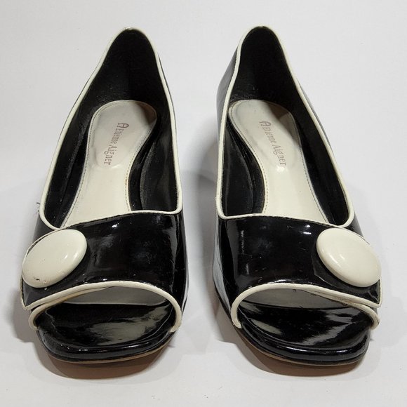Etienne Aigner patent leather wedges open toe black and white Size 8 - Picture 2 of 7